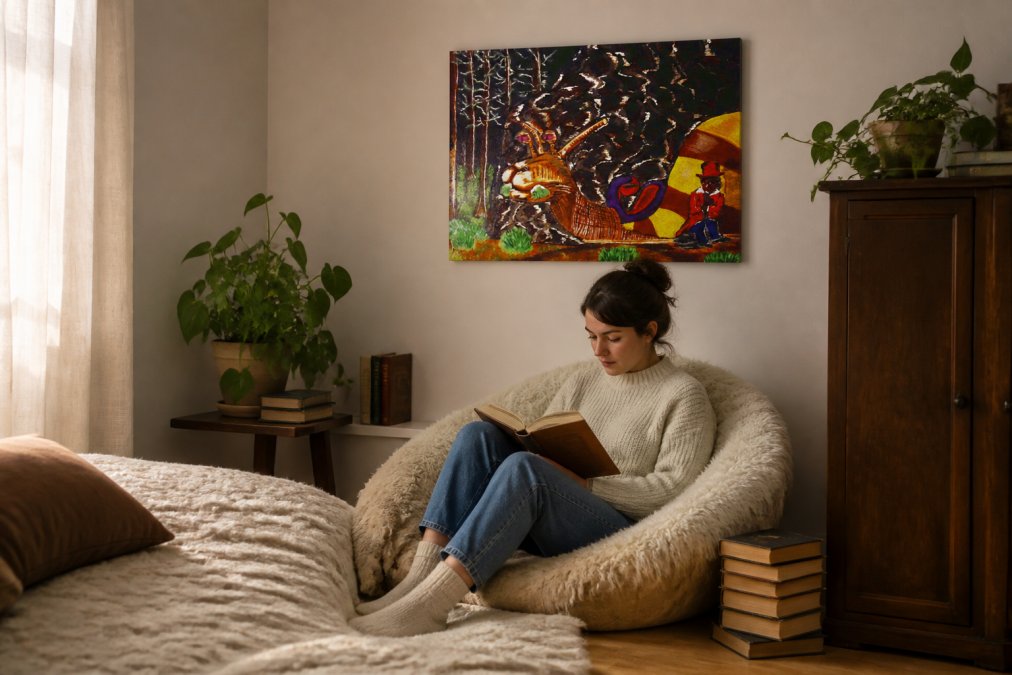 Styled bedroom corner with a single whimsical storybook art poster on the wall above a reading nook, surrounded by soft bedding and vintage books, creating an imaginative atmosphere