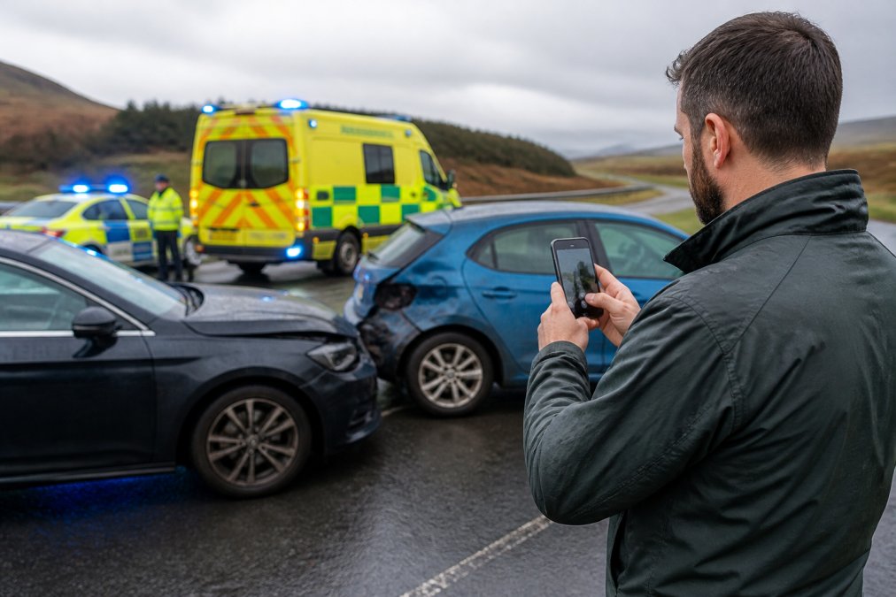 Person at roadside taking photographs of vehicle damage after a road traffic accident, with emergency services visible in the background and overcast Scottish weather