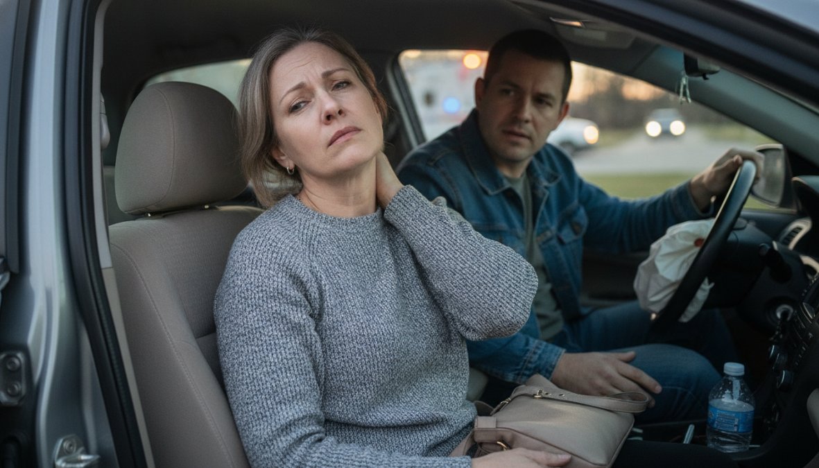 A person holding their neck in visible discomfort whilst sitting in a car after an accident, showing signs of acute neck strain and distress