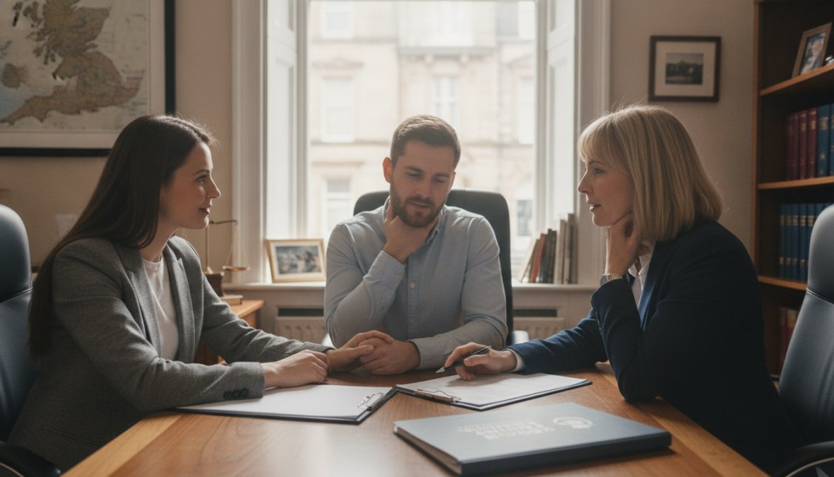 Professional solicitor reviewing accident documents and medical reports with client across desk in modern Glasgow law office, natural window lighting illuminating paperwork and consultation notes
