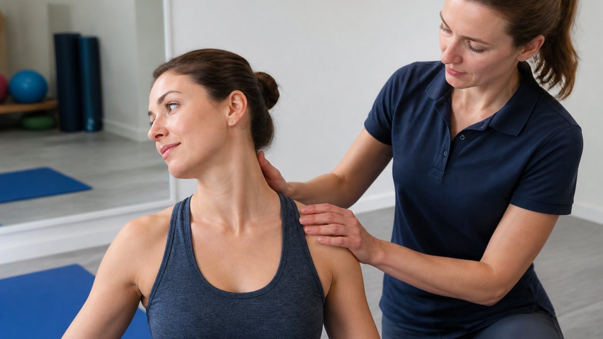 A physiotherapist guiding a seated patient through a gentle neck rotation exercise in a bright, modern treatment room with a mirror and exercise mat visible