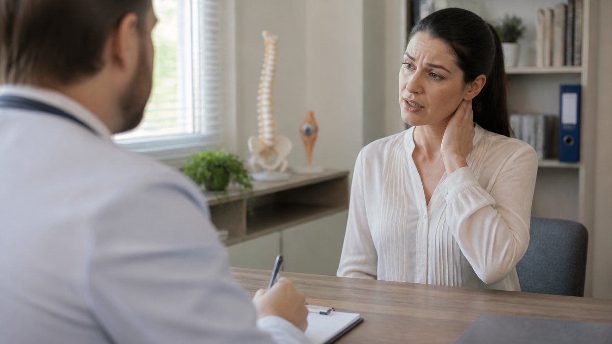 Patient in clinical consultation pointing to neck area while discussing symptoms with healthcare professional