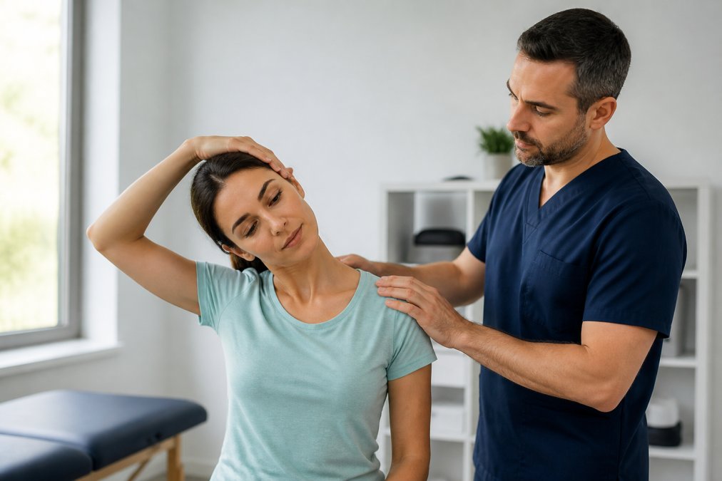Patient performing gentle neck stretching exercises under guidance, showing proper posture and controlled movement in a clinical setting with natural lighting