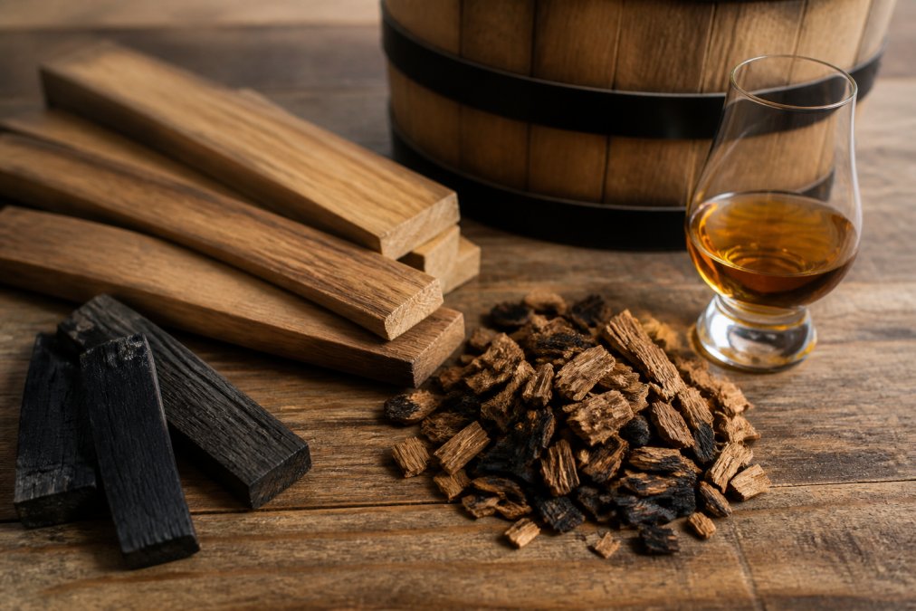 Close-up of wooden barrel staves and charred oak chips arranged on a wooden surface with a glass of amber-colored liquid beside them, warm amber lighting highlighting the wood grain