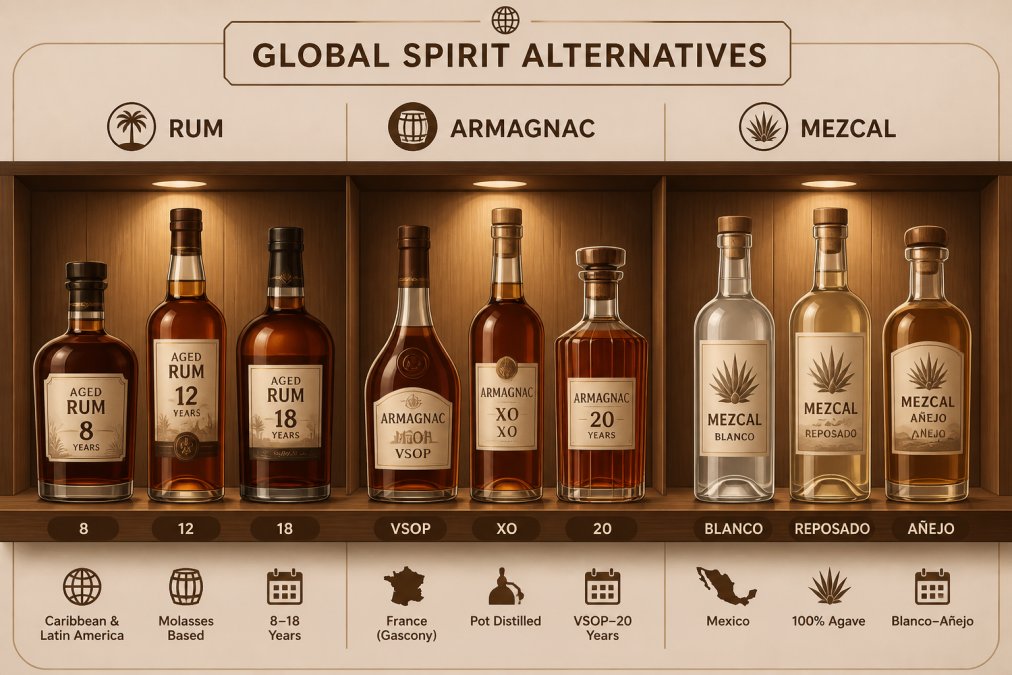 Collection of diverse spirit bottles including aged rum, Armagnac, and mezcal displayed on a wooden shelf with warm golden lighting, showing different bottle shapes, colors, and labels