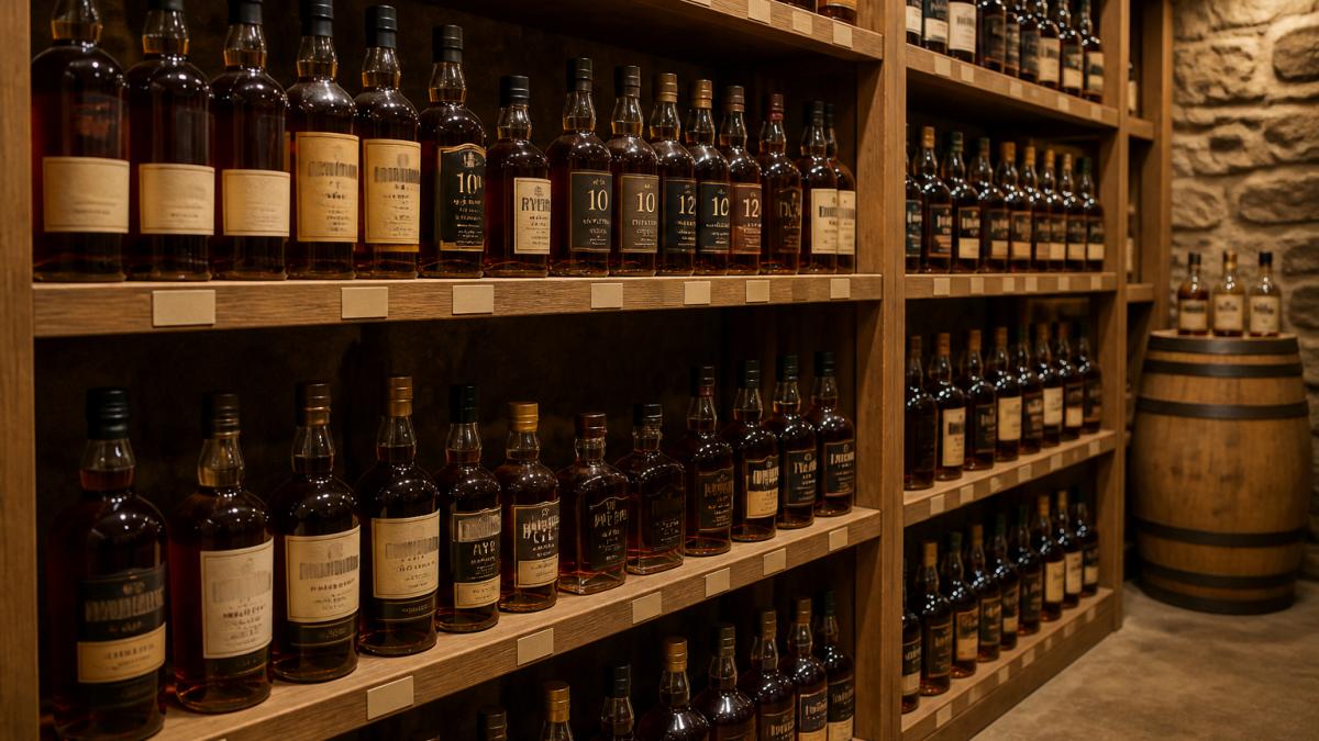 Organized whiskey bottles on wooden shelves in a climate-controlled cellar, with bottles labeled and arranged by type and age, showing proper upright storage and clear visibility