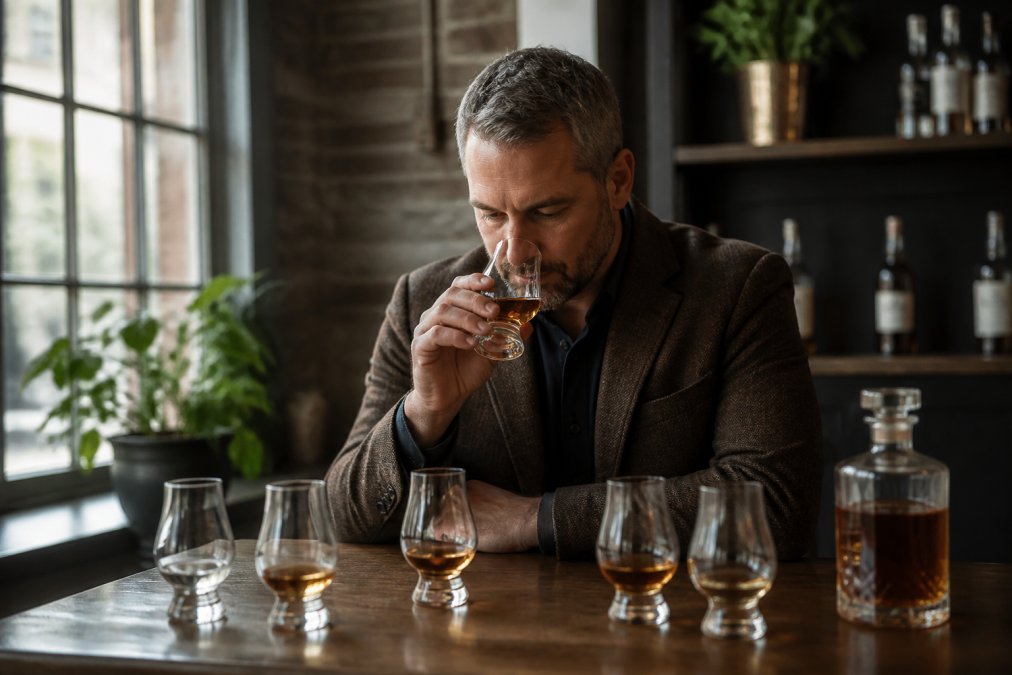 Professional holding a tasting glass with amber whiskey, tilting it toward nose to demonstrate proper nosing technique, natural lighting from window