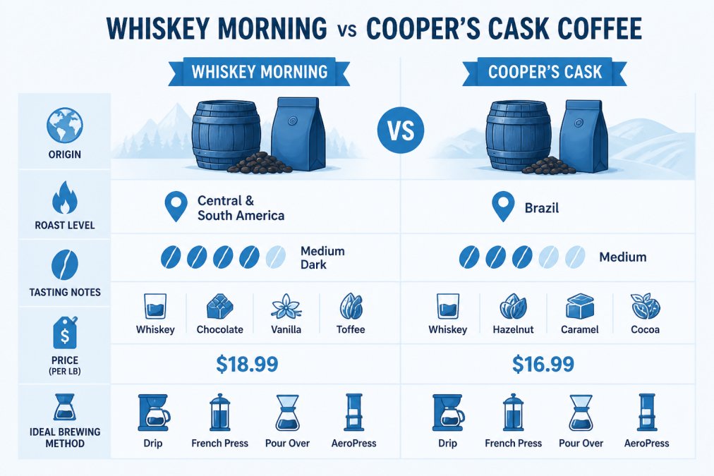 Comparison matrix evaluating origin, roast, flavor, and brewing methods for barrel-aged coffee beans