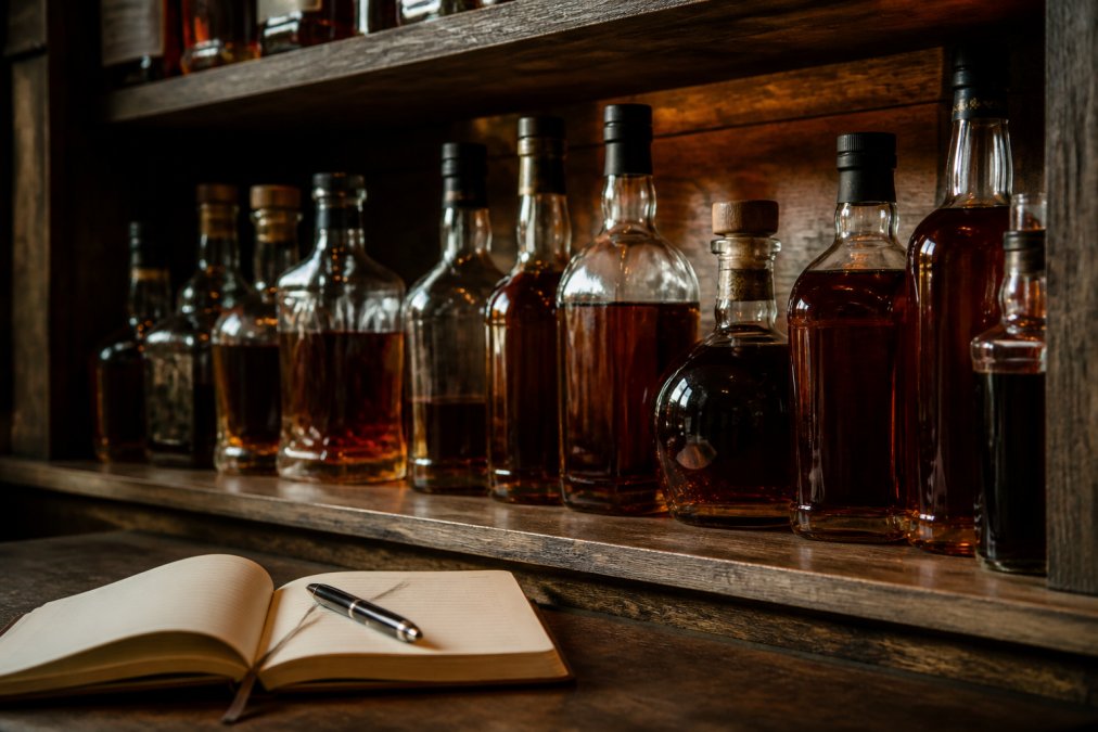 A collector's wooden shelf lined with whiskey bottles, a small open notebook and pen resting in the foreground, warm amber lighting casting soft shadows