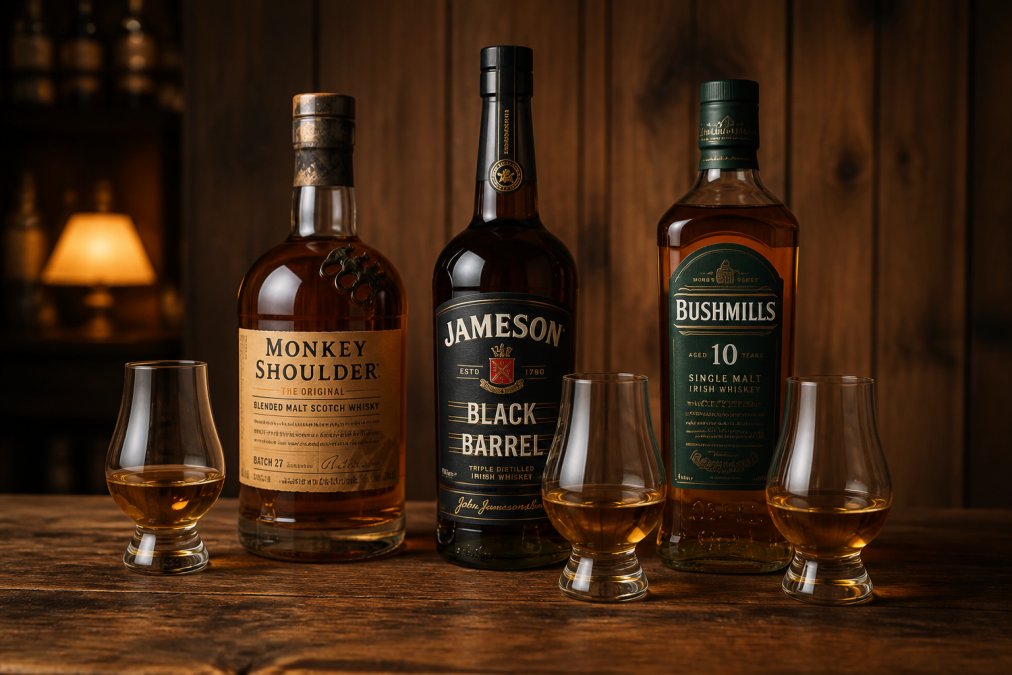 Trzy butelki whisky (Monkey Shoulder, Jameson Black Barrel, Bushmills 10YO) ułożone obok siebie na drewnianym blacie z kieliszkami typu glencairn, miękkim oświetleniem i drewnianym tłem