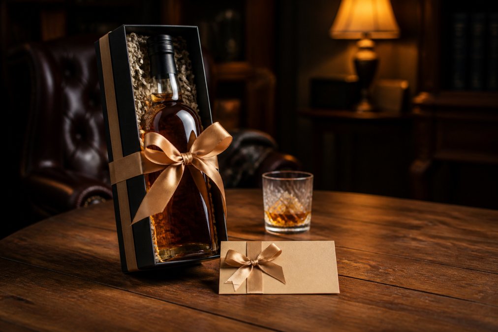 Elegancko zapakowana butelka whisky z wstążką jako prezent, obok leży karta podarunkowa, na tle drewnianego stołu z miękkim oświetleniem