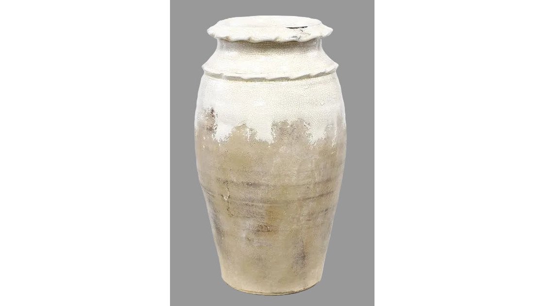 White and Tan Crackle Glazed Round Vase with Waffle Trim