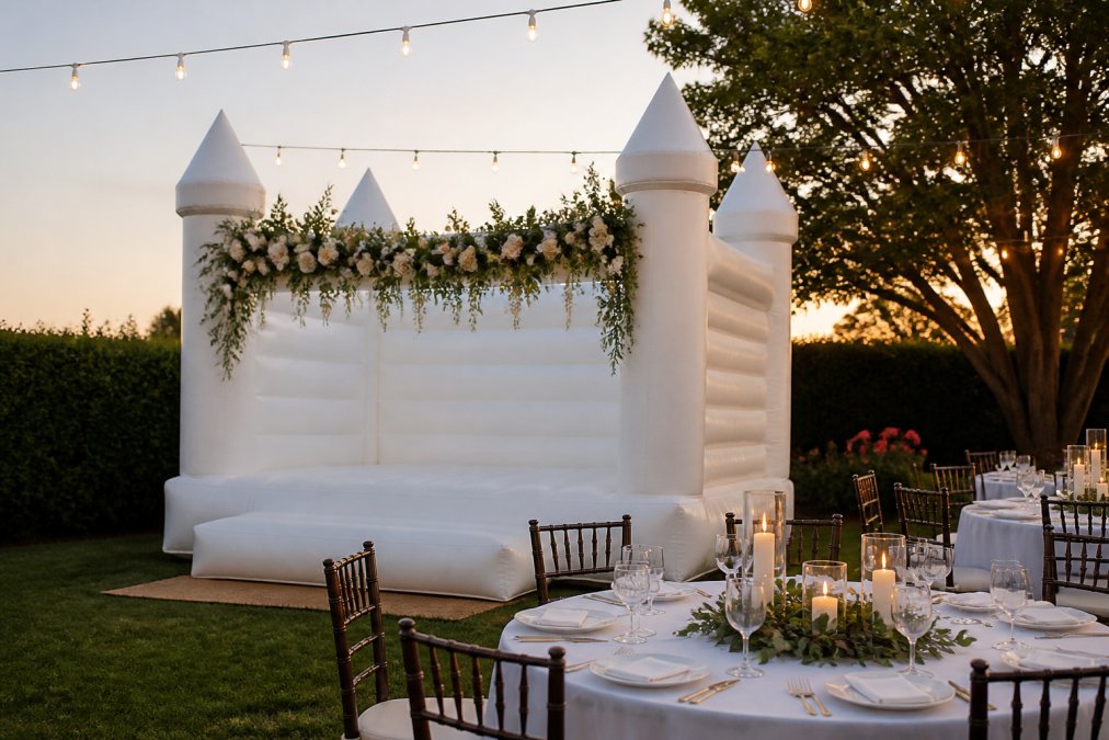 A white bounce house decorated with a floral garland at an outdoor wedding reception, string lights overhead, and elegant white table settings with greenery nearby in soft evening light