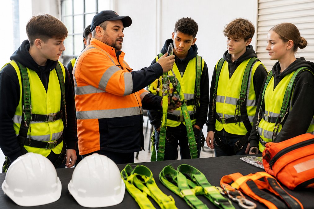 A supportive trainer in high-vis workwear guiding a small group of young students through a hands-on construction safety activity in a bright training room, with safety helmets and lanyards visible on the table