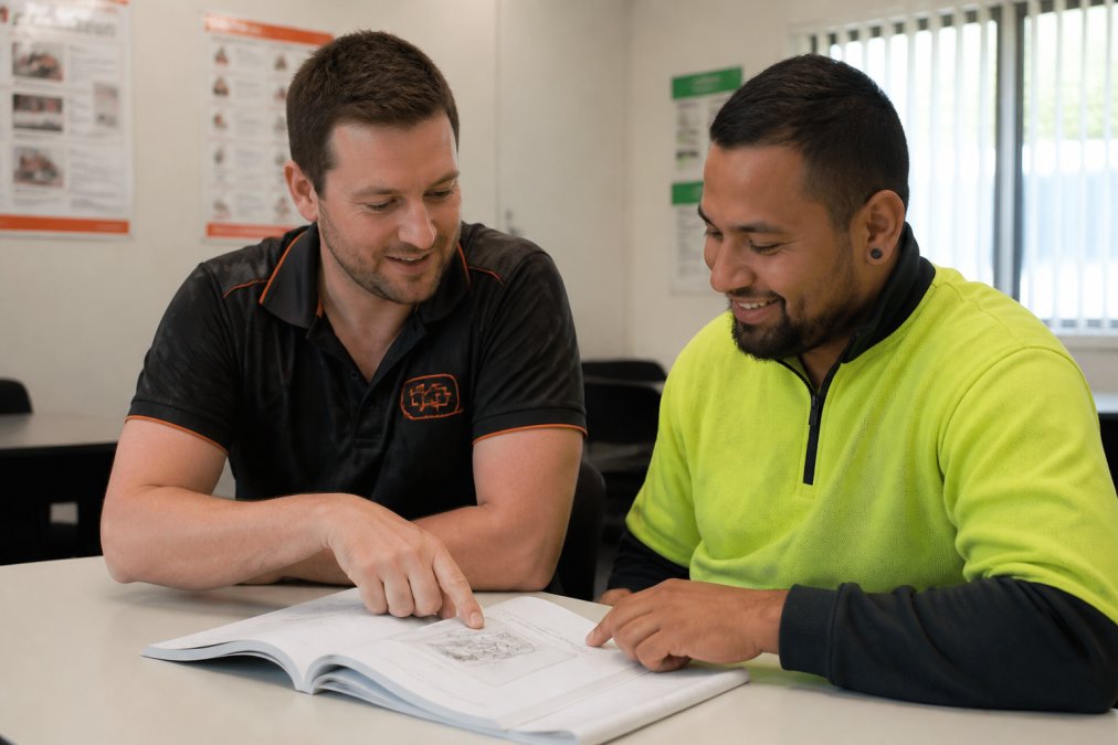Trainer supporting an adult learner with white card literacy using a workbook diagram in a bright classroom