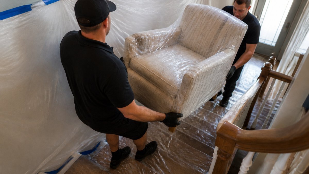 Professional removal crew carefully wrapping and carrying a large upholstered armchair down a narrow staircase while protective plastic sheeting covers walls and floor, demonstrating proper technique and floor protection