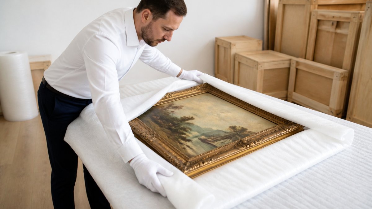 A professional packer carefully wrapping a large framed painting in protective padding inside a bright, clean room with wooden crating materials visible nearby