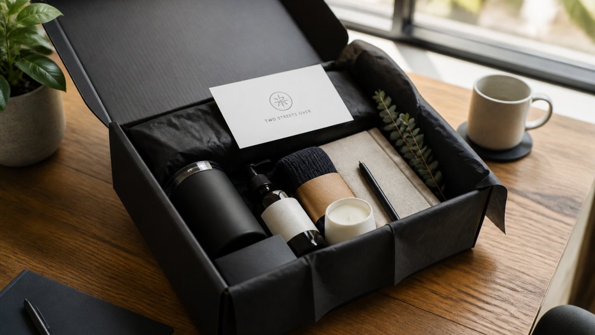 An open branded gift box on a timber desk showing locally sourced products arranged neatly, with a printed business logo card resting on top of the tissue paper, soft natural window light