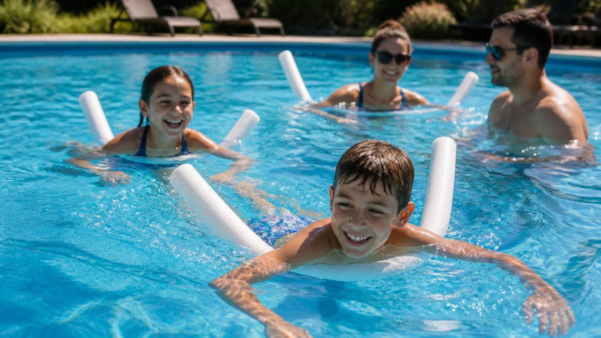 Children and adults enjoying white pool noodles in a swimming pool during summer, with noodles supporting swimmers and enabling water play activities in bright daylight