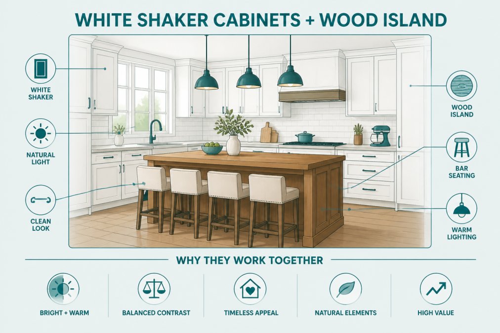 Modern farmhouse kitchen featuring white shaker cabinets lining the perimeter walls with a substantial natural wood island in the center, bar seating with upholstered stools, warm pendant lighting overhead, and natural light streaming through large windows