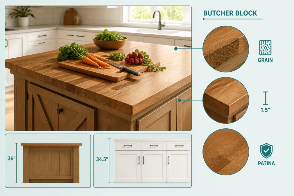 Close-up of a butcher block countertop on a wood island with white shaker base cabinets, showing the grain patterns and patina, with fresh vegetables and a wooden cutting board visible on the surface, natural morning light illuminating the wood