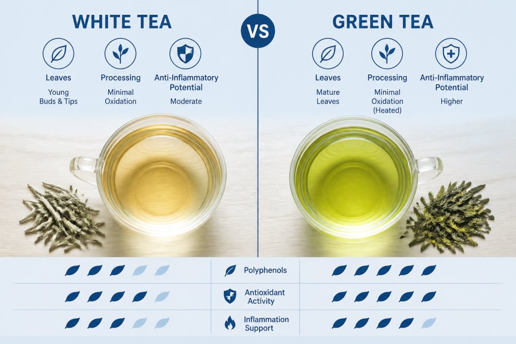 Infographic comparing anti-inflammatory properties of white and green tea with side-by-side cups of tea.