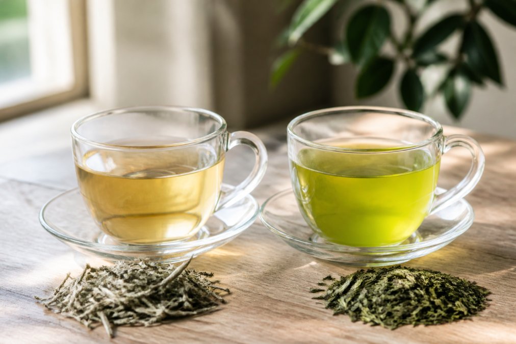 Infographic comparing the processing and oxidation differences between pale white tea and vibrant green tea