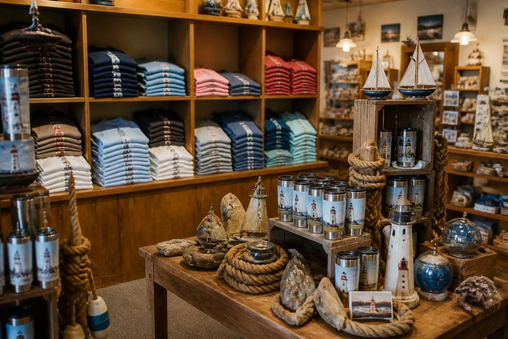Shelves displaying folded lighthouse t-shirts in various colors, stainless steel travel mugs with wraparound prints, and maritime collectibles arranged on wooden display tables with nautical rope accents and driftwood decor in warm museum lighting