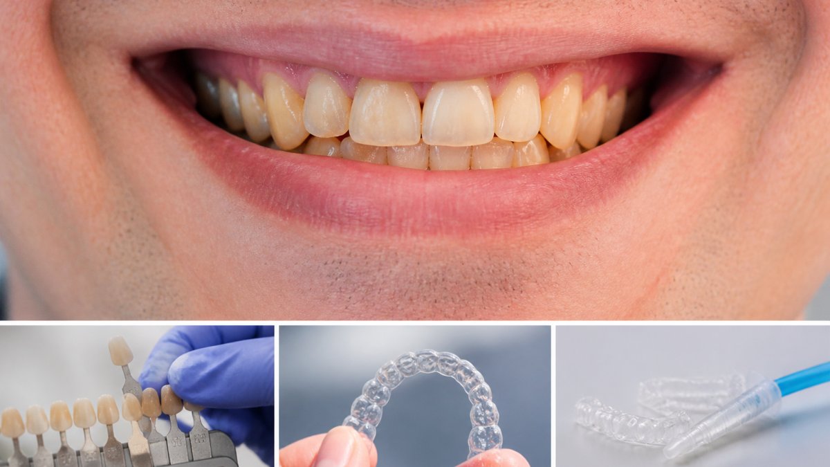 Close-up of a person's smile showing visible enamel wear and tooth discolouration with natural lighting highlighting surface texture