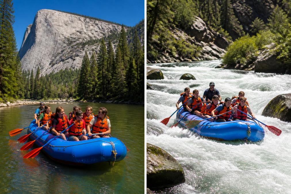 A group of teenagers and adults paddling together on a scenic river section with granite cliffs and pine forests visible in the background
