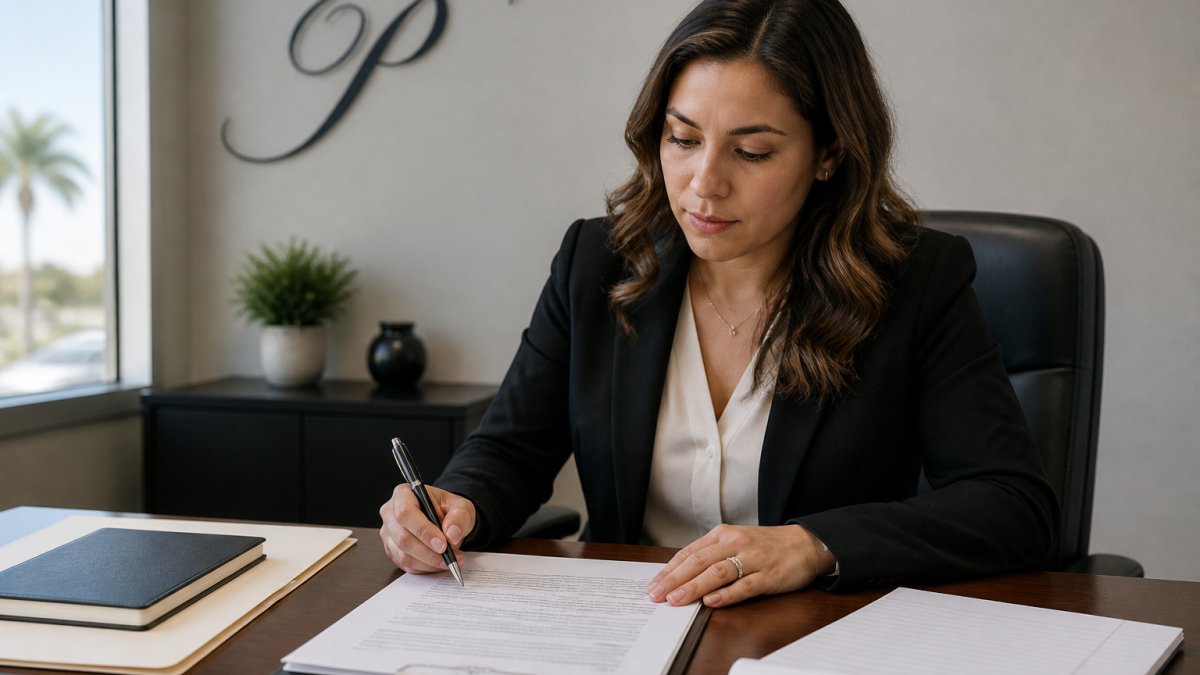 Professional reviewing documents at desk with pen and notepad, preparing to sign paperwork in bright office setting