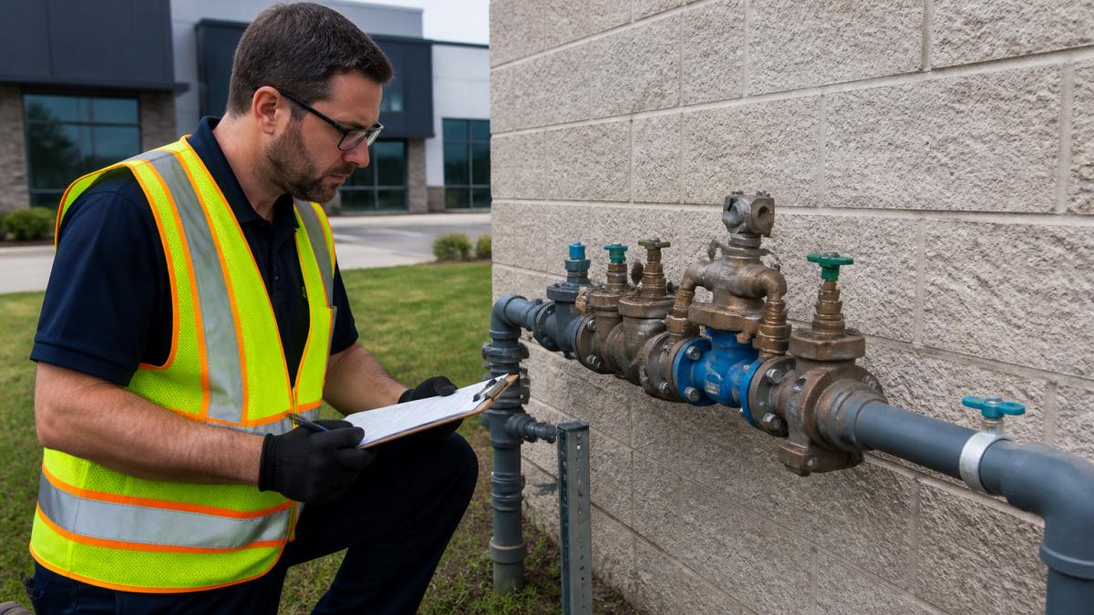 A certified backflow tester in a safety vest and work gloves examining a backflow prevention assembly on the exterior of a commercial building, clipboard in hand, commercial property in the background