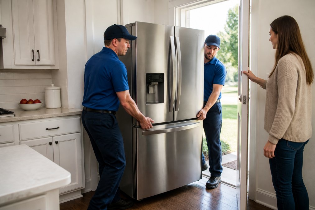 A two-person delivery crew in matching uniforms carrying a stainless steel french door refrigerator through a bright kitchen doorway while a homeowner holds the door open