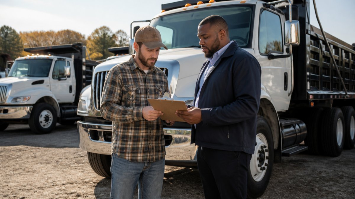 A construction business owner standing beside a used dump truck at a dealership lot, reviewing paperwork on a clipboard with a sales representative under afternoon sunlight