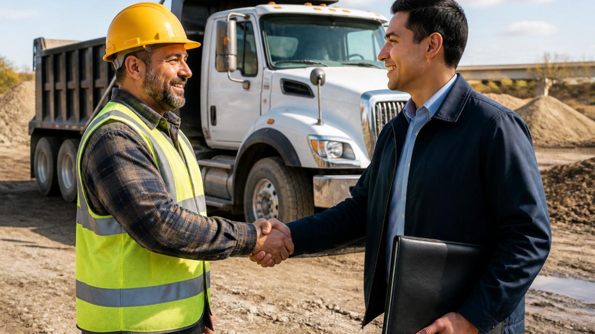 Construction business owner shaking hands with a representative for used dump truck financing on a job site