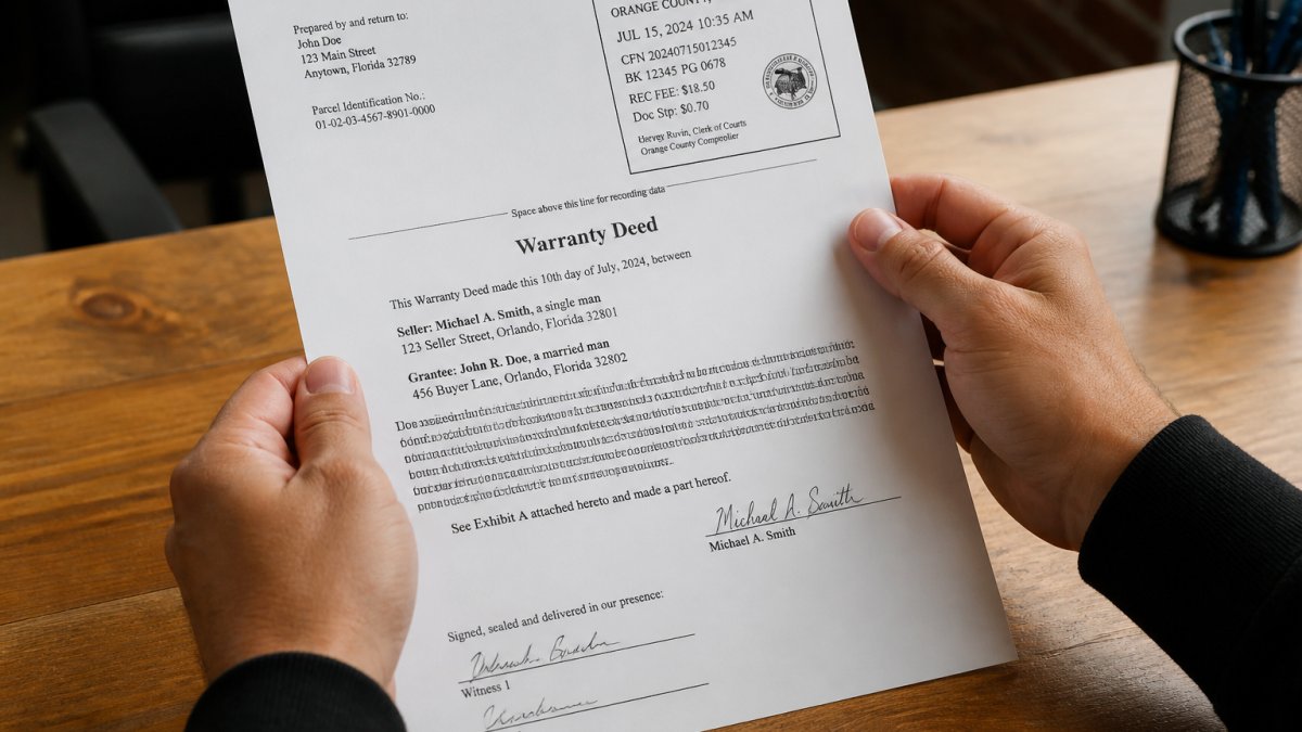 Close-up of hands holding a recorded deed document with county recorder's stamp, showing official recording details and property information clearly visible