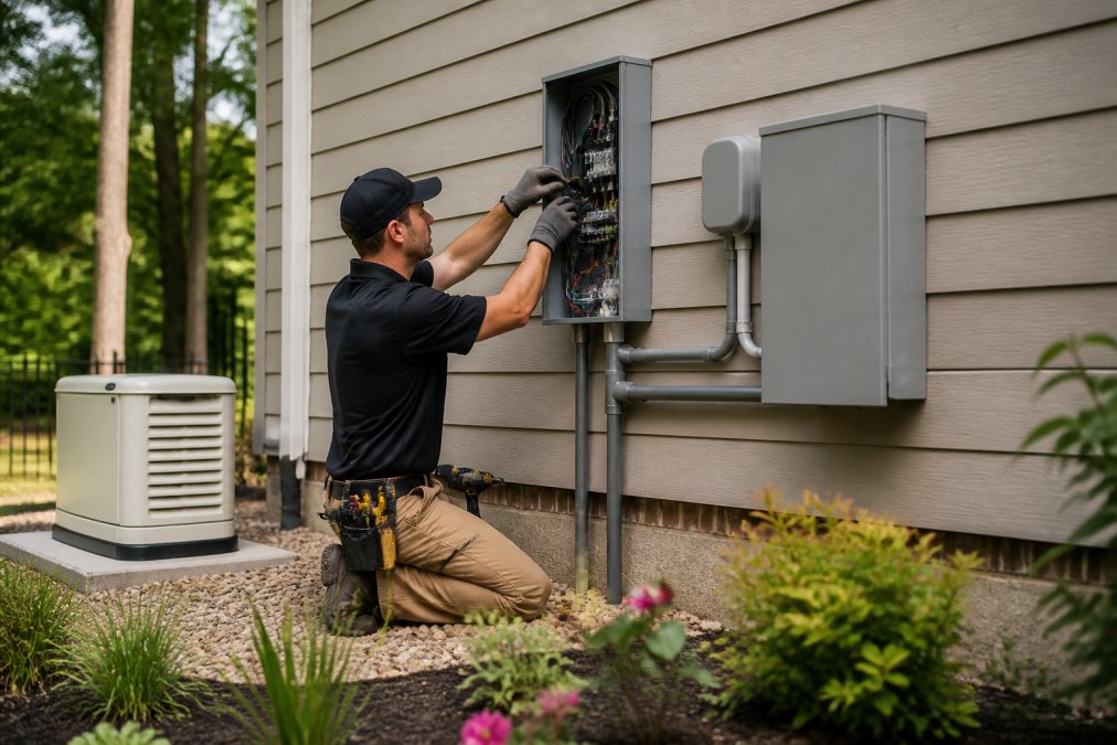 Licensed electrician performing generator installation work on residential home, connecting transfer switch and power lines with professional tools and equipment
