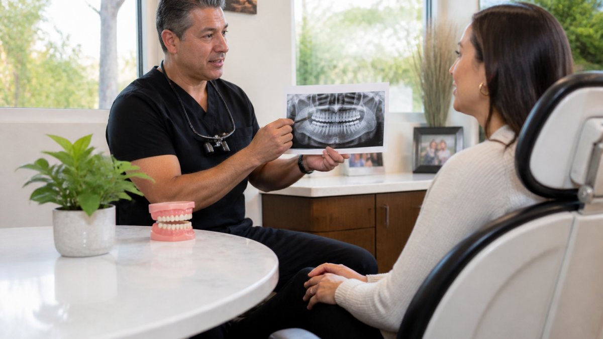 Dentist discussing X-ray imaging results with patient in modern, bright dental office consultation room with natural lighting