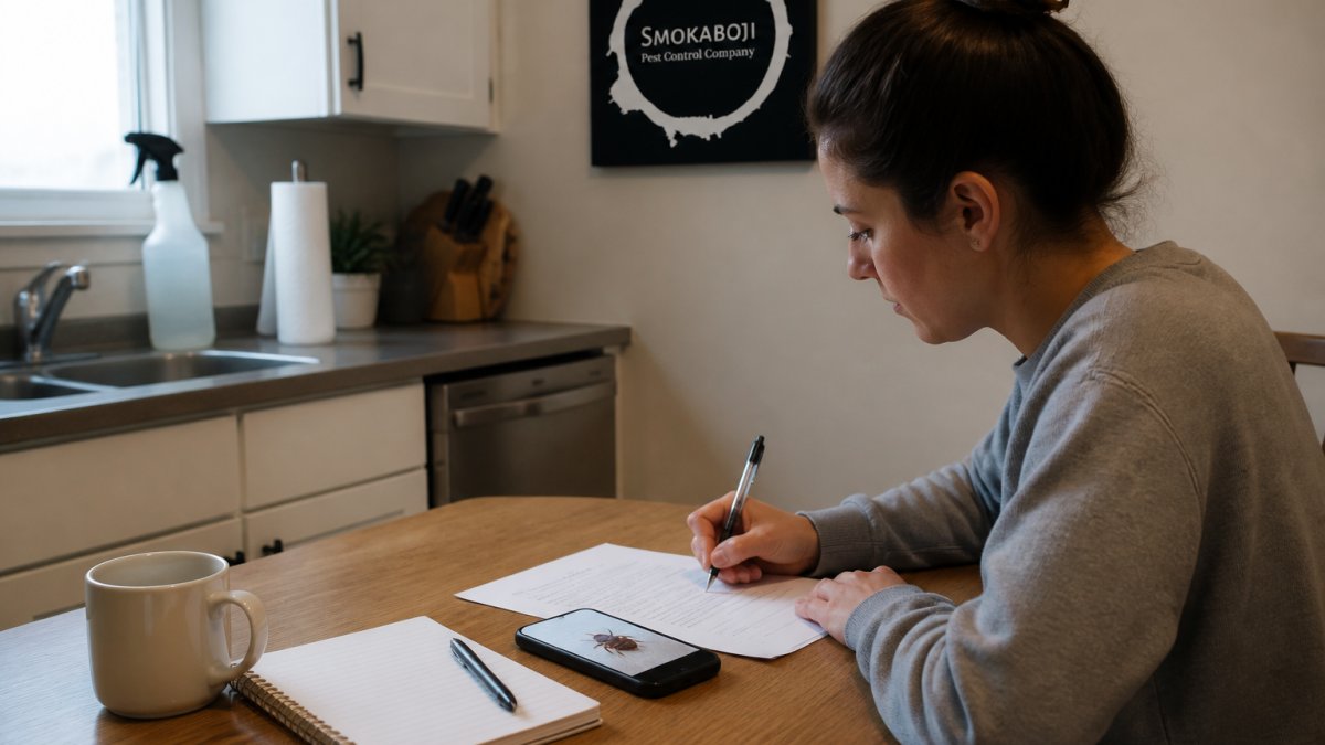 A tenant sitting at a kitchen table writing a dated notice letter about bed bugs, with a smartphone showing a photo of an insect beside a notepad and pen