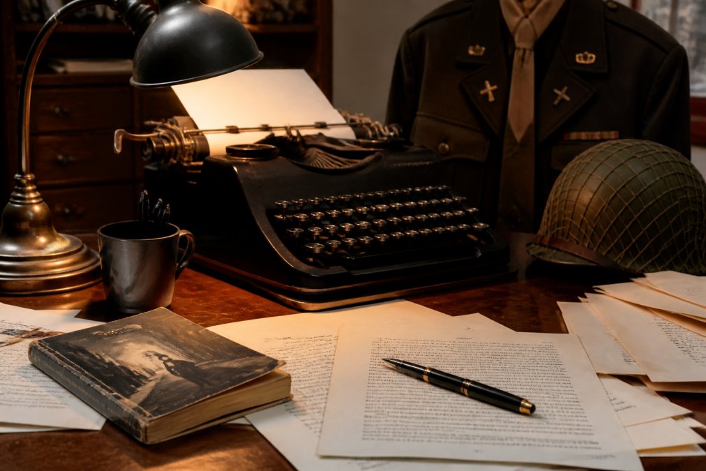 Vintage desk with a typewriter and manuscript evoking Steven Walker’s background as a writer.