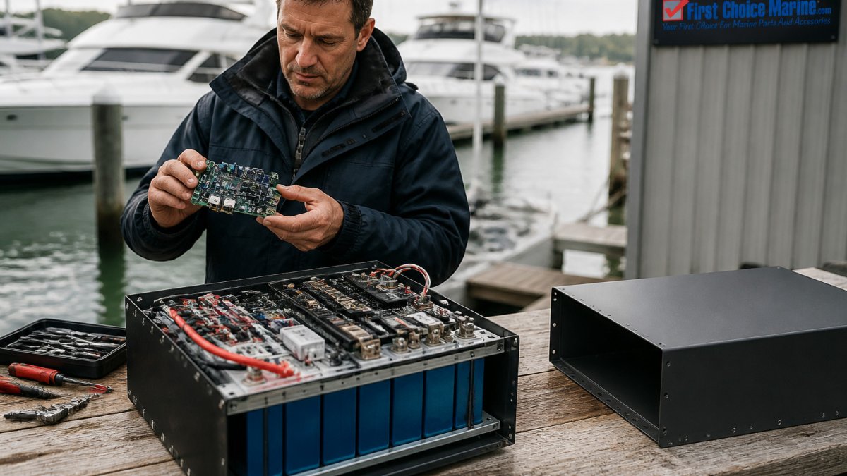 Infographic comparing the installation process of a battery management board onto a lithium battery pack.