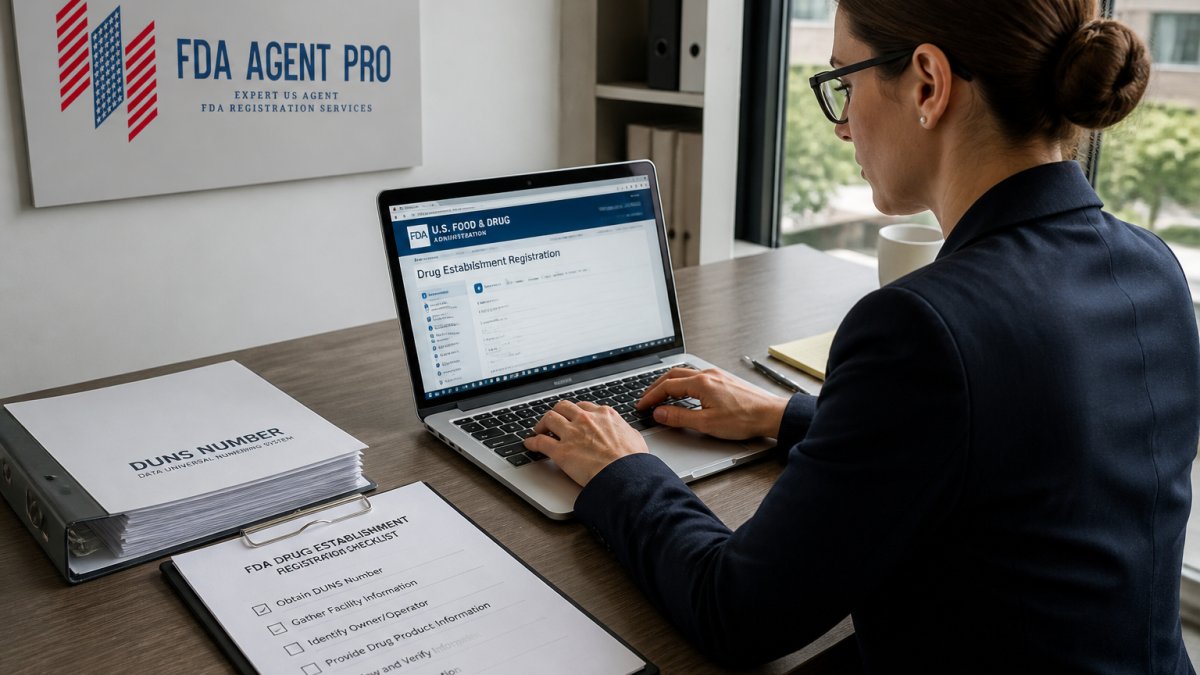 Regulatory affairs specialist completing drug facility registration on a laptop with DUNS paperwork and a checklist