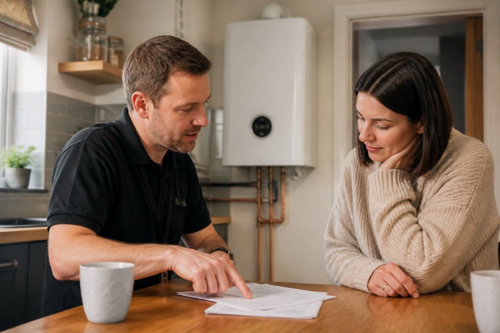 Gas Safe registered engineer explaining boiler options to a homeowner in a kitchen, with both reviewing paperwork and discussing a modern heating system installation