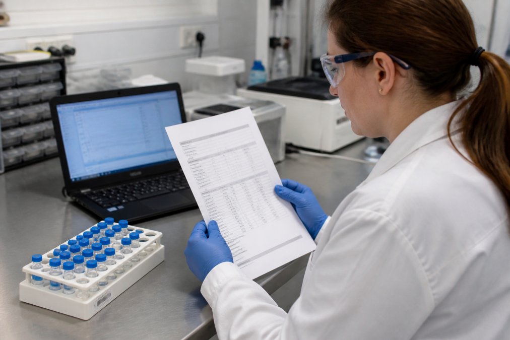 A laboratory scientist in a white coat and safety glasses examining a printed Certificate of Analysis document beside a vial rack on a stainless steel bench, with a laptop showing analytical software in the background