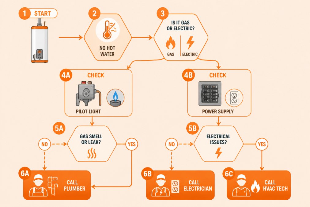 Flowchart showing decision tree: Is it gas or electric? → No hot water → Check pilot light or power supply → Gas smell or electrical issues? → Call plumber, electrician, or HVAC tech