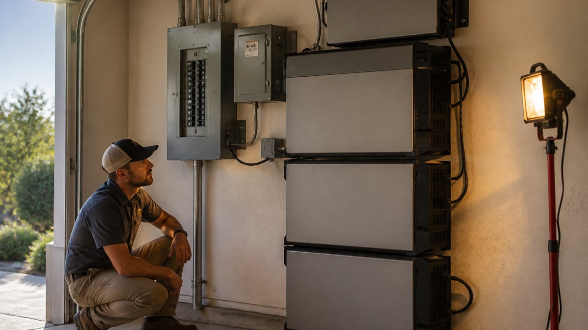 Electrician inspecting a wall-mounted EcoFlow DELTA Pro Ultra system for whole home backup in a garage