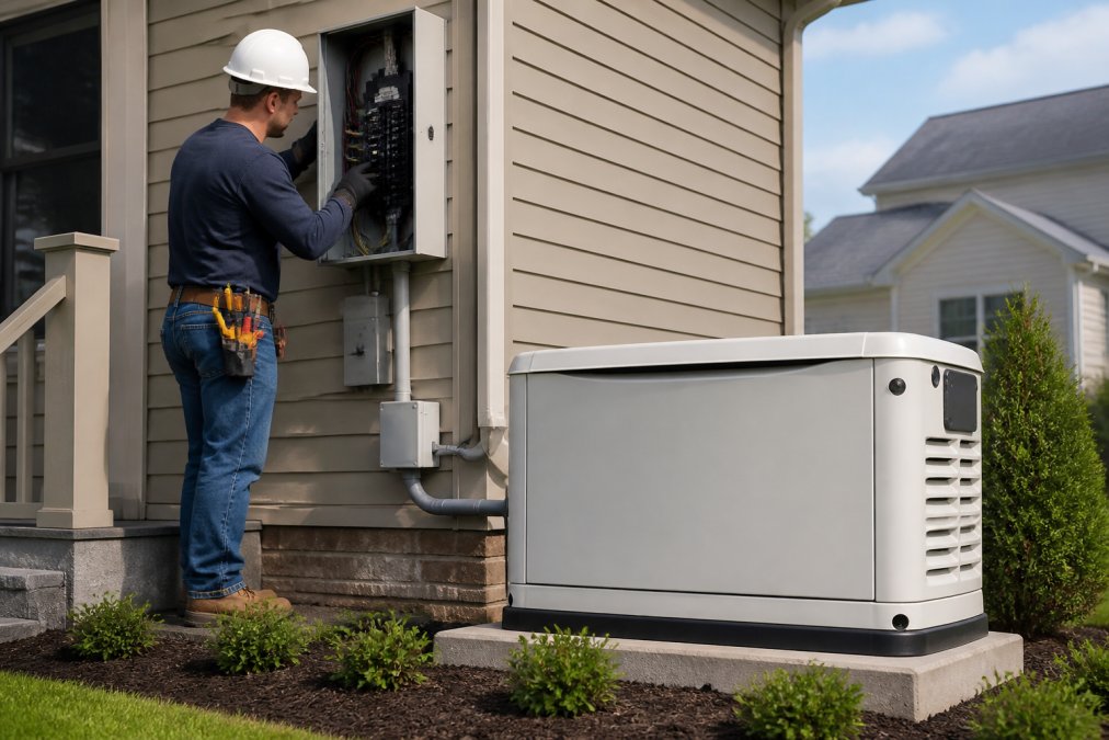A licensed electrician in safety gear examining a home's electrical panel next to a newly installed standby generator outside a suburban house on a clear day