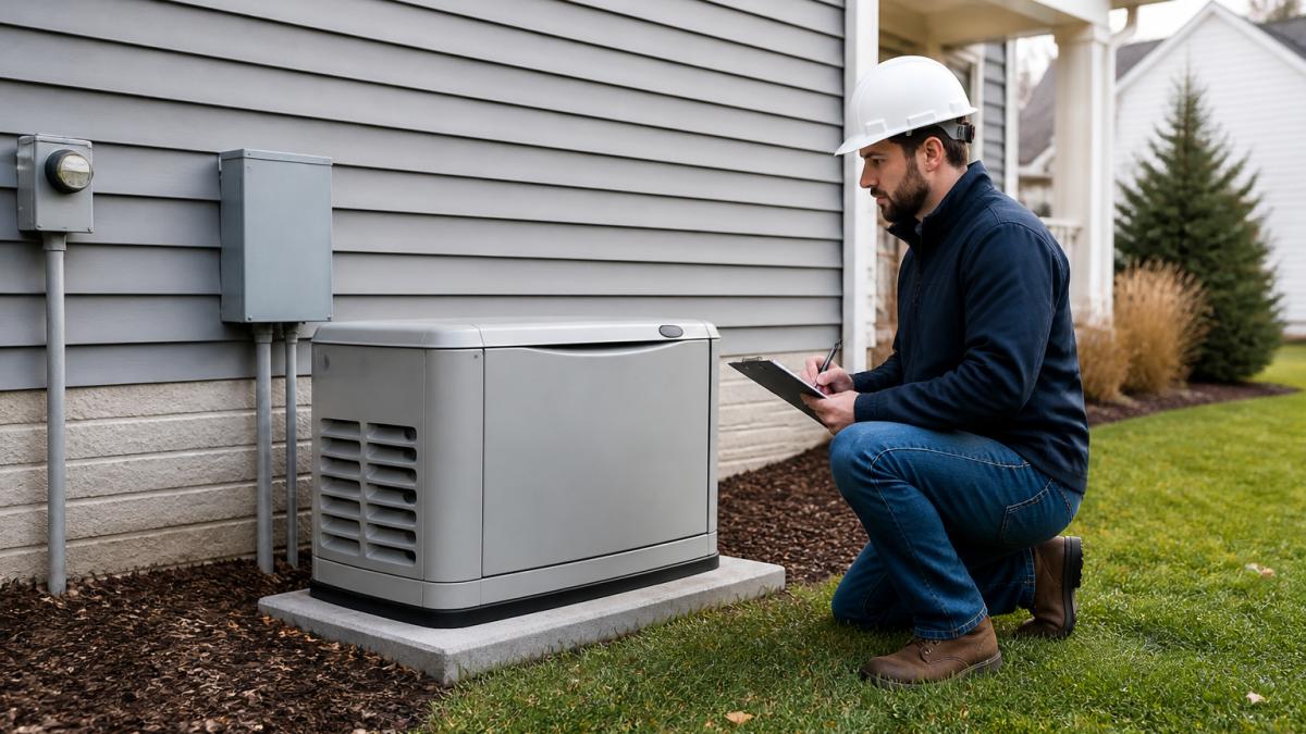 A licensed electrician in a hard hat inspecting a newly installed home standby generator beside a house, clipboard in hand, outdoor residential setting