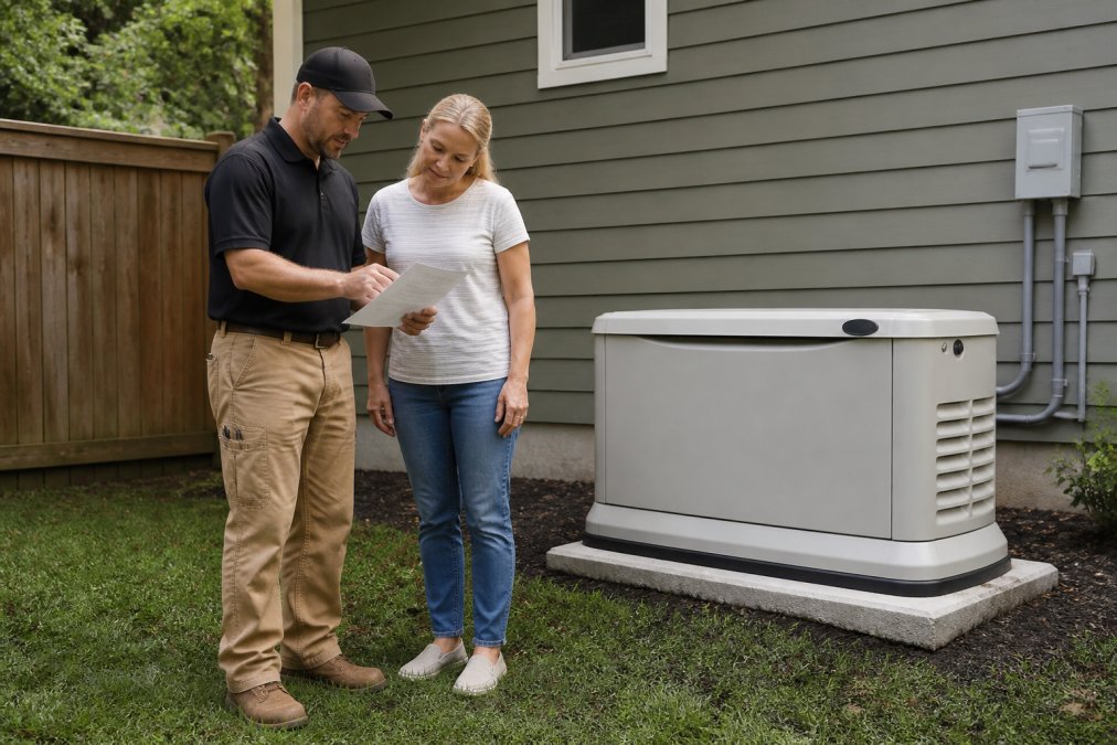 A licensed electrician in work boots reviewing a printed quote sheet with a homeowner beside a standby generator unit installed on a concrete pad in a residential backyard