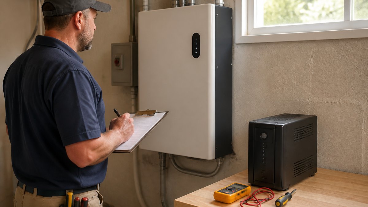 Electrician inspecting a whole home uninterruptible power supply and a desktop unit in a residential utility room